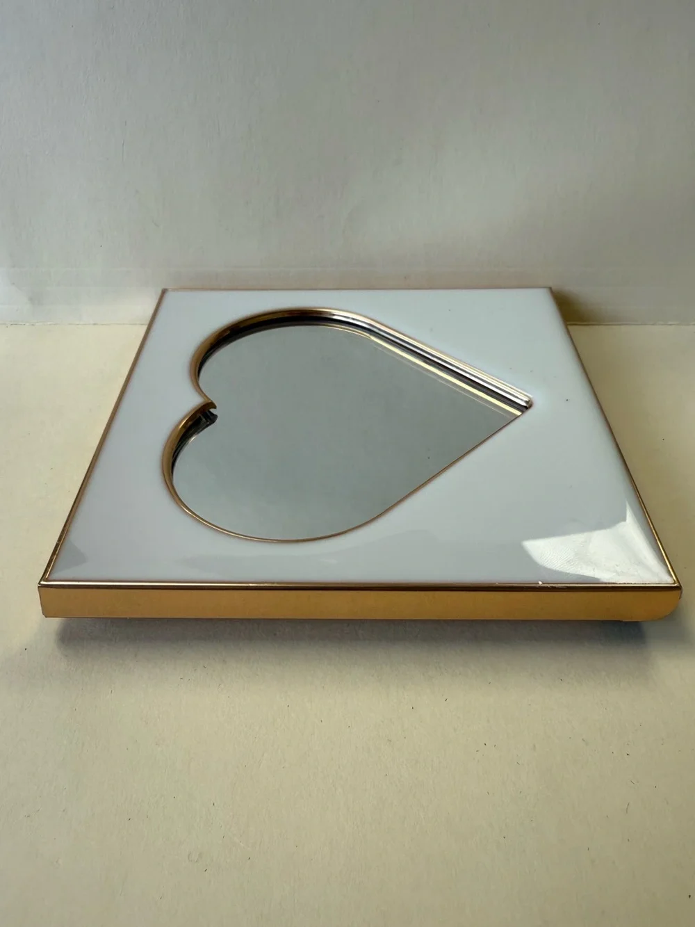 White Enamel and Rose Gold Decorative Heart Shaped Desk Mirror with Frame Stand